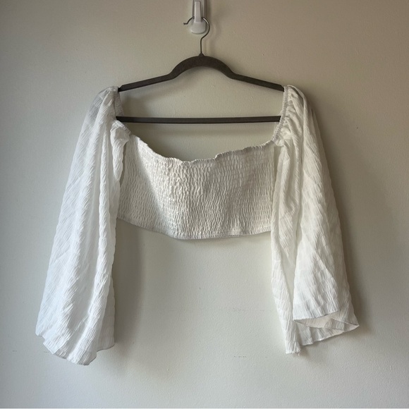 Boho White 2 Piece Set L | Smocked Crop Top Off Shoulder Bell Sleeve Maxi Skirt - Picture 5 of 10